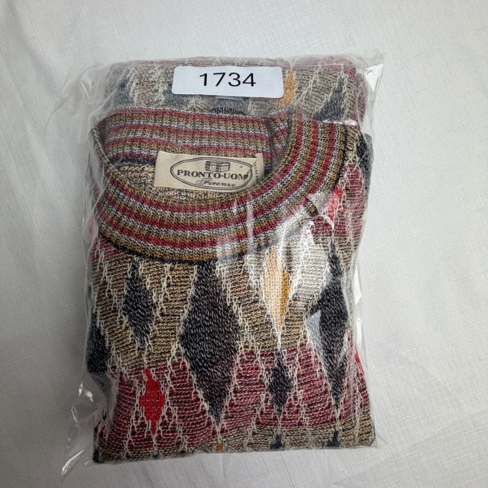 Pronto Uomo Sweater Mens Large (52/L) Made in Italy Argyle Cotton Crew Neck